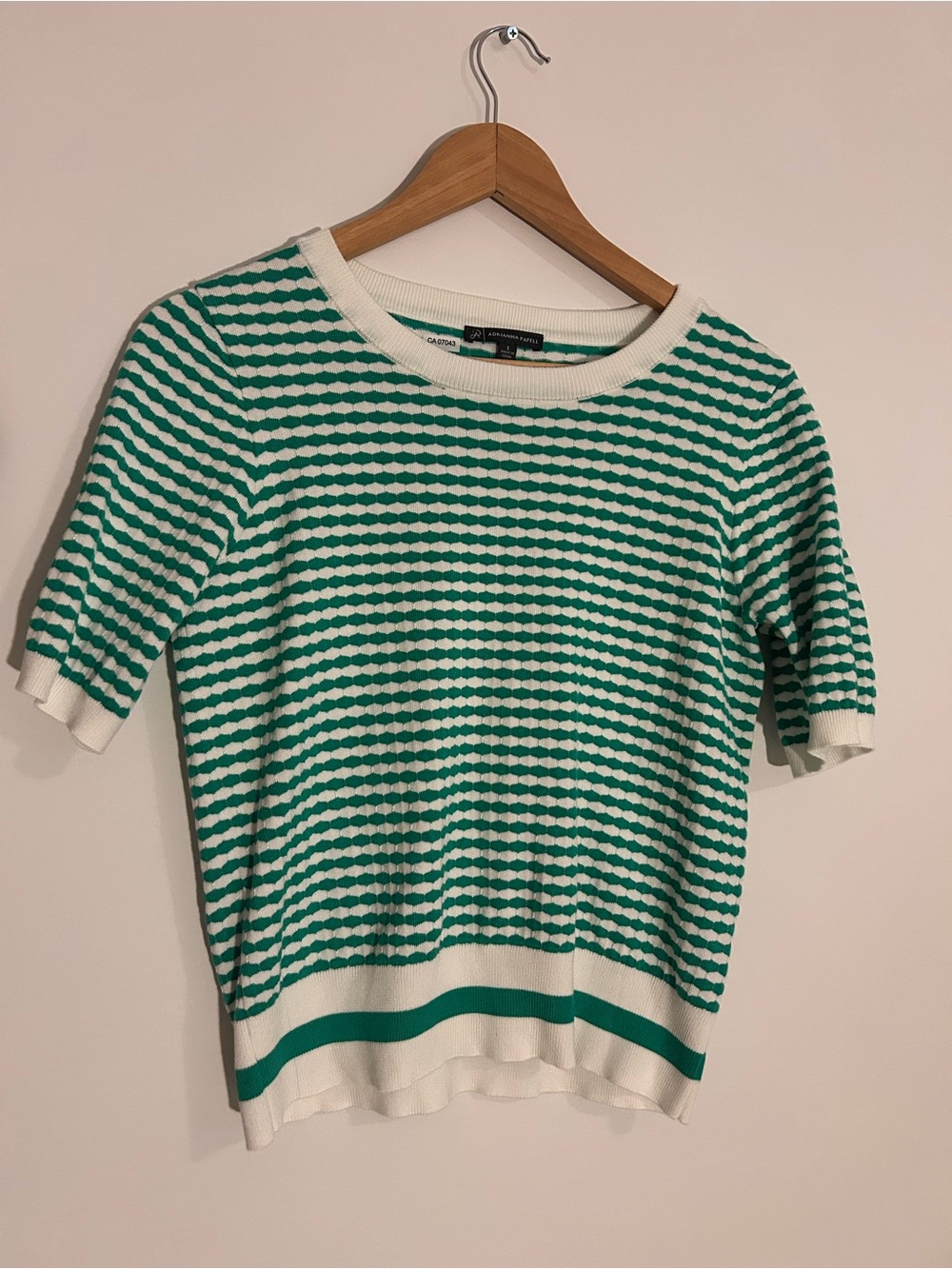 Adrianna Papell Green and White Striped Short-Sleeve Knit Tee